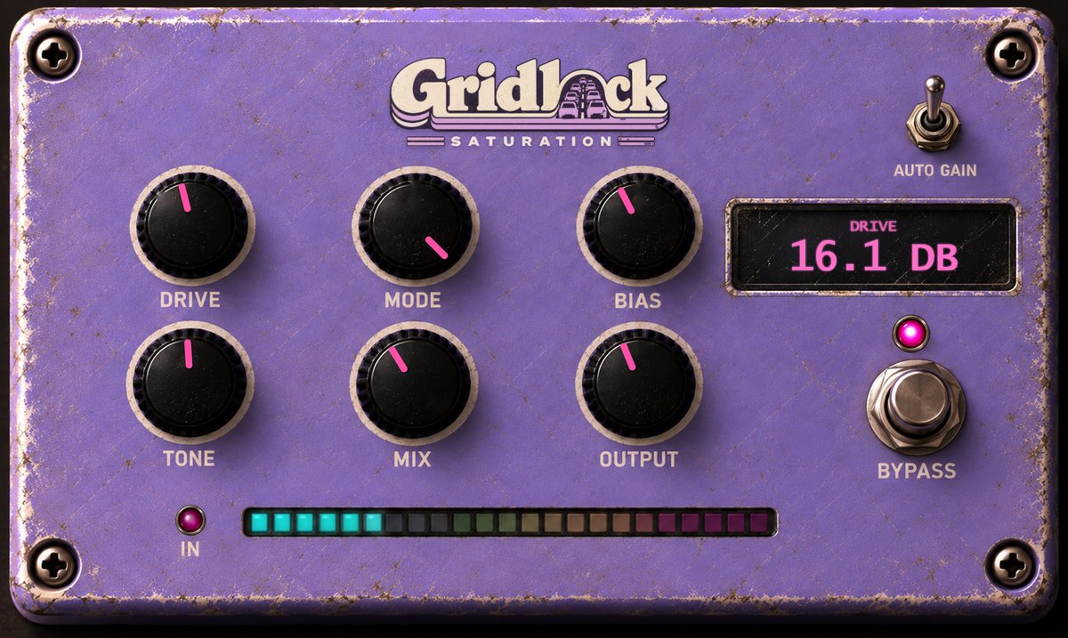 Gridlock Saturation: a worn purple stompbox interface with Drive, Mode, Bias, Tone, Mix and Output knobs, a readout showing Drive at 16.1 dB, an Auto Gain toggle, a bypass footswitch and a segmented output light bar.